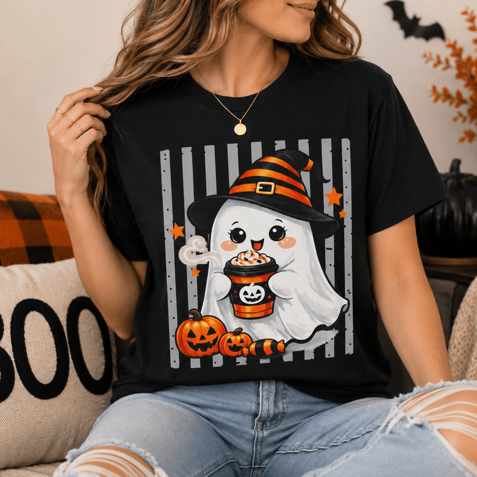 Cute Ghost Halloween Shirt, Halloween Coffee Shirt, Spooky Season Tee, Witch Ghost T-Shirt, Cute Halloween Graphic Tee, Fall Shirt - MK CREATIONS