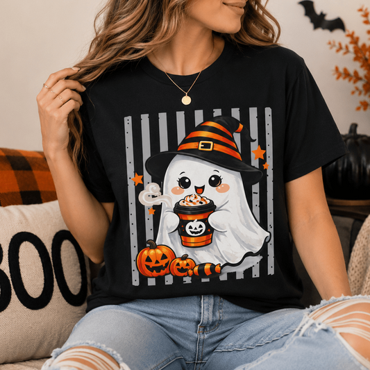 Cute Ghost Halloween Shirt, Halloween Coffee Shirt, Spooky Season Tee, Witch Ghost T-Shirt, Cute Halloween Graphic Tee, Fall Shirt - MK CREATIONS