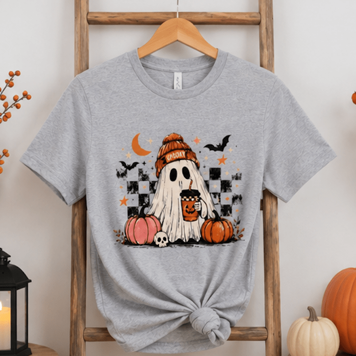 Cute Ghost Halloween Shirt, Spooky Season Shirt, Ghost Coffee Tee, Fall Graphic T-Shirt, Pumpkin Halloween Shirt, Autumn Shirt - MK CREATIONS