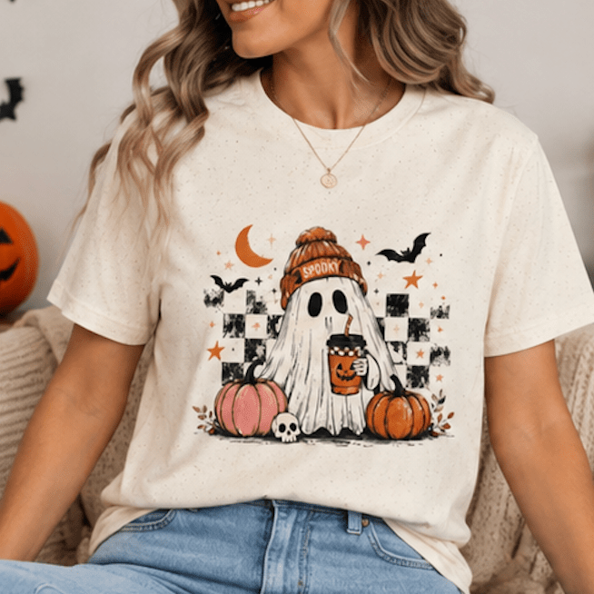 Cute Ghost Halloween Shirt, Spooky Season Shirt, Ghost Coffee Tee, Fall Graphic T-Shirt, Pumpkin Halloween Shirt, Autumn Shirt - MK CREATIONS