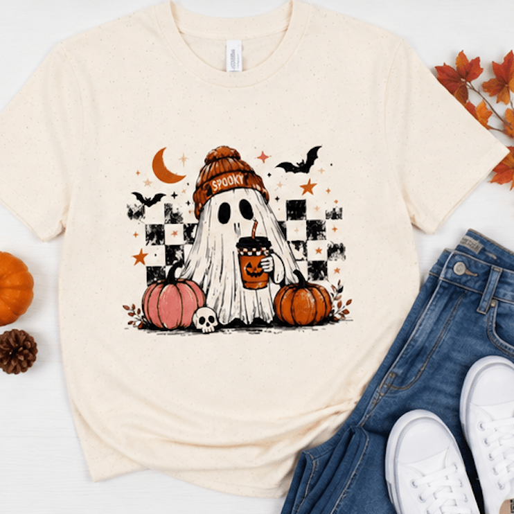 Cute Ghost Halloween Shirt, Spooky Season Shirt, Ghost Coffee Tee, Fall Graphic T-Shirt, Pumpkin Halloween Shirt, Autumn Shirt - MK CREATIONS