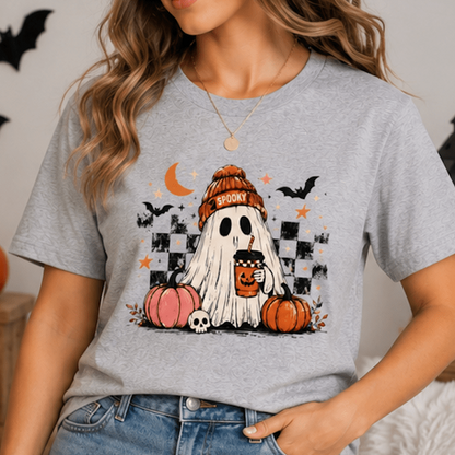 Cute Ghost Halloween Shirt, Spooky Season Shirt, Ghost Coffee Tee, Fall Graphic T-Shirt, Pumpkin Halloween Shirt, Autumn Shirt - MK CREATIONS