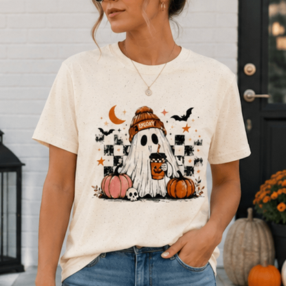 Cute Ghost Halloween Shirt, Spooky Season Shirt, Ghost Coffee Tee, Fall Graphic T-Shirt, Pumpkin Halloween Shirt, Autumn Shirt - MK CREATIONS