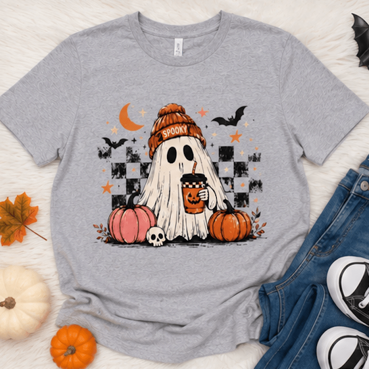Cute Ghost Halloween Shirt, Spooky Season Shirt, Ghost Coffee Tee, Fall Graphic T-Shirt, Pumpkin Halloween Shirt, Autumn Shirt - MK CREATIONS