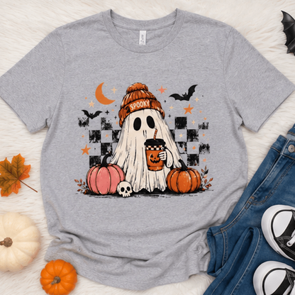 Cute Ghost Halloween Shirt, Spooky Season Shirt, Ghost Coffee Tee, Fall Graphic T-Shirt, Pumpkin Halloween Shirt, Autumn Shirt - MK CREATIONS