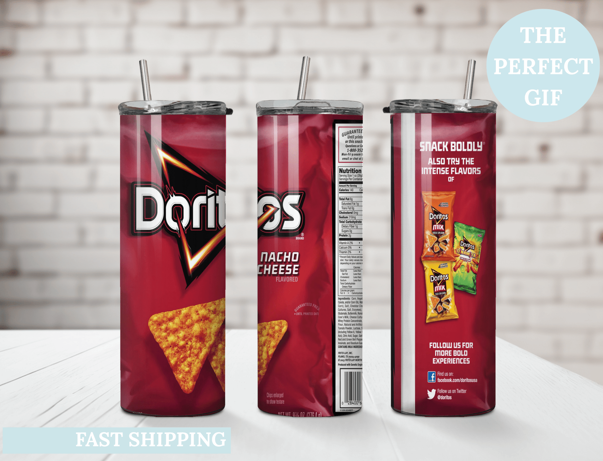 Doritos Nacho Cheese Tumbler 20oz Snack Lover Gift Reusable Cold Drink Cup - MK CREATIONS