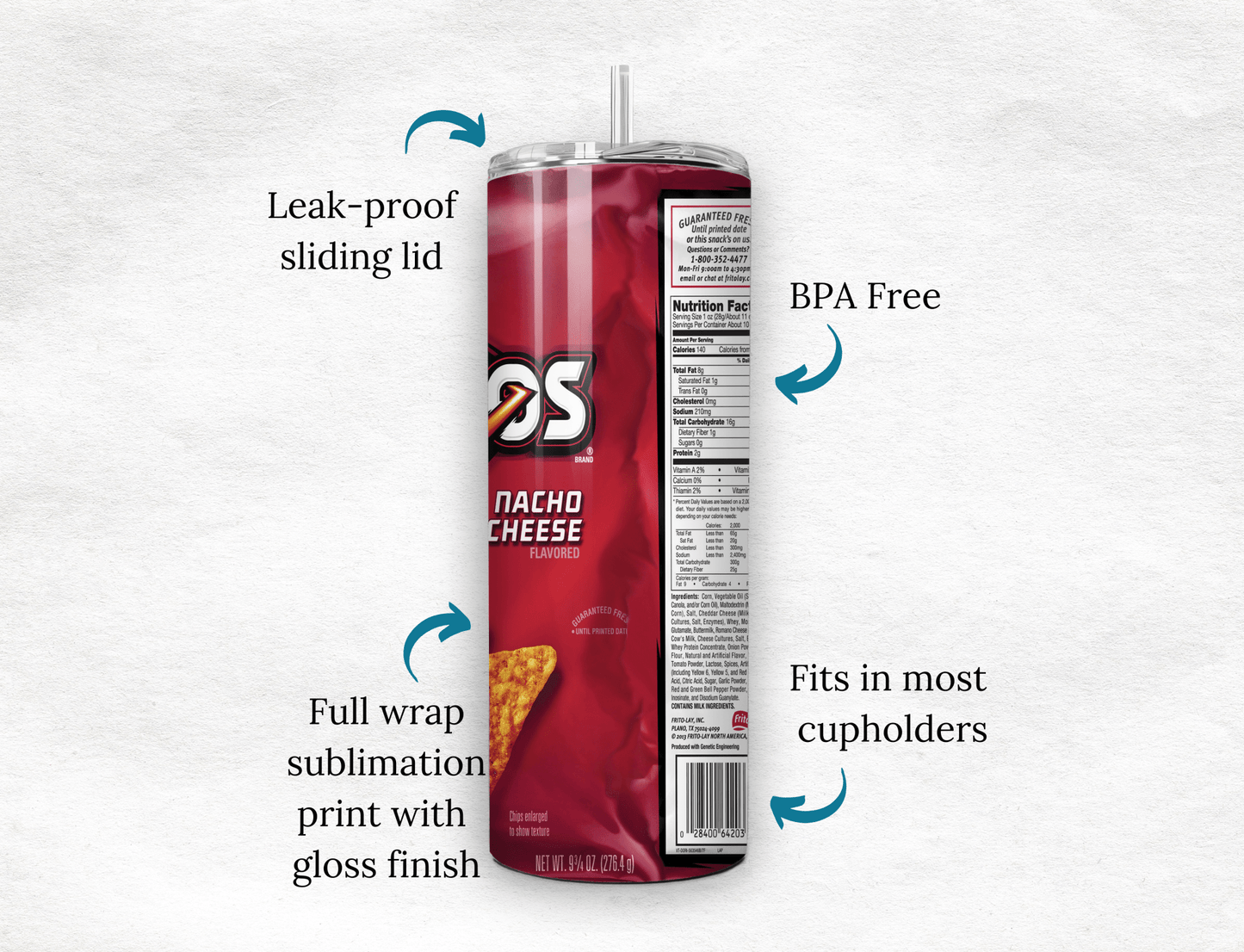 Doritos Nacho Cheese Tumbler 20oz Snack Lover Gift Reusable Cold Drink Cup - MK CREATIONS