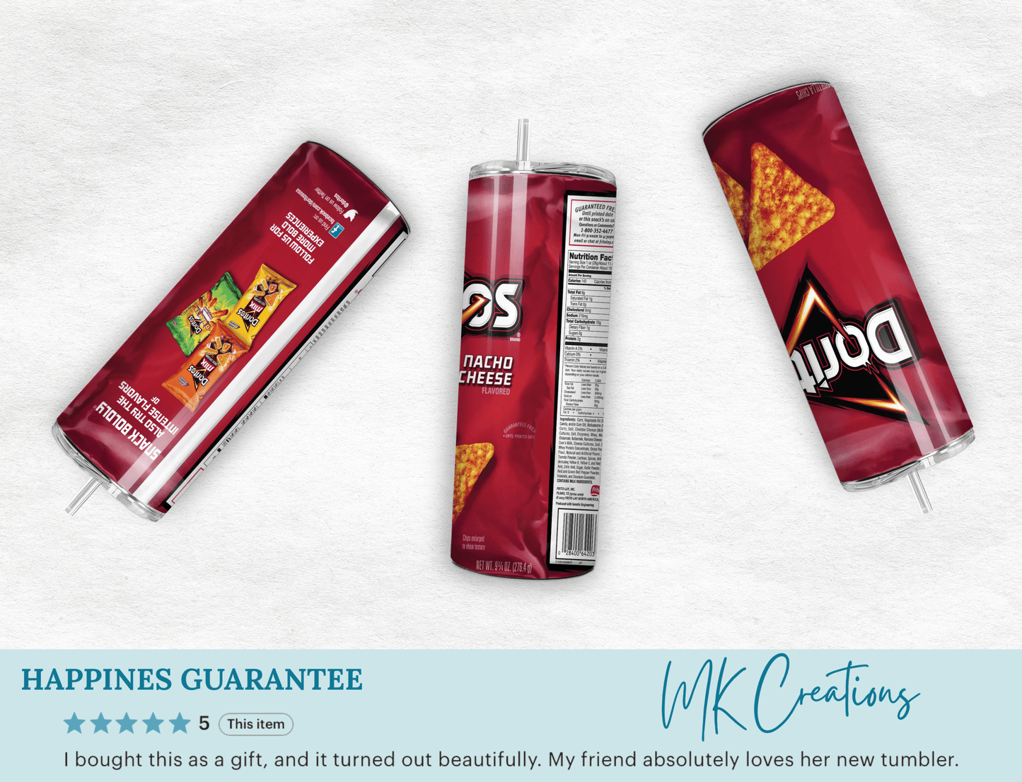 Doritos Nacho Cheese Tumbler 20oz Snack Lover Gift Reusable Cold Drink Cup - MK CREATIONS
