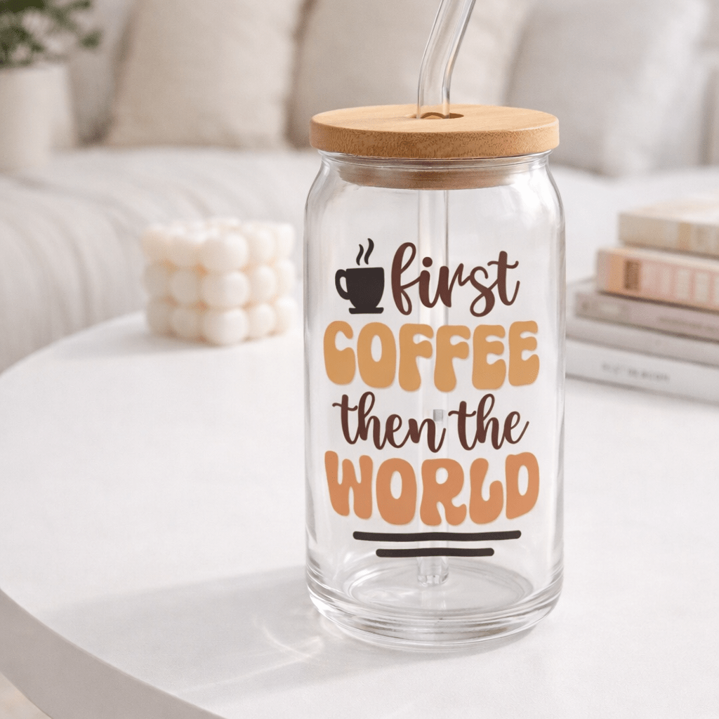 First Coffee Then the World Glass Can Tumbler 16oz, Iced Coffee Cup with Lid & Straw, Aesthetic Coffee Lover - MK CREATIONS