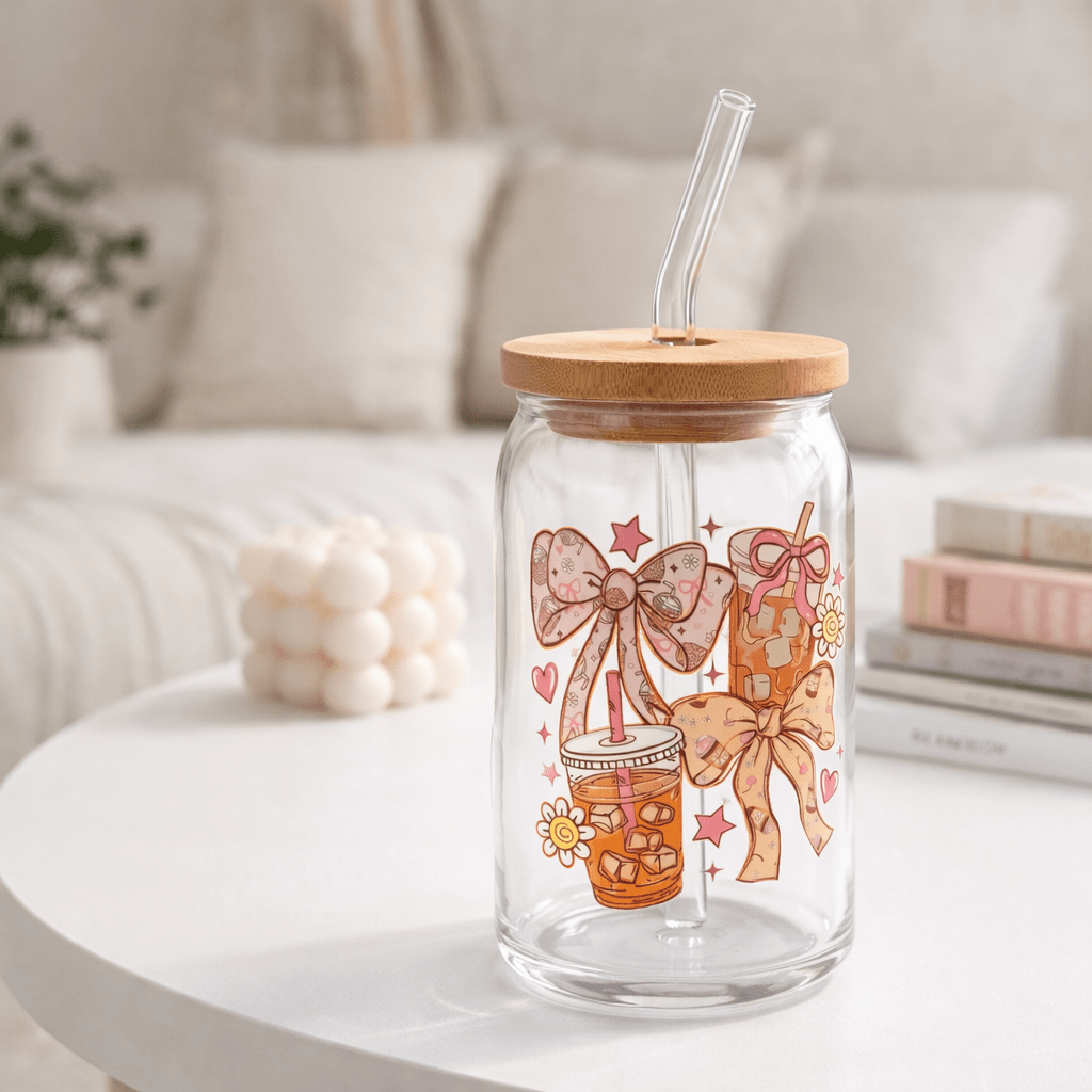 Glass Can Tumbler 16oz with Lid & Straw, Cute Bow Design Iced Coffee Cup, Aesthetic Glass Cup, Kawaii Coquette Drinkware - MK CREATIONS