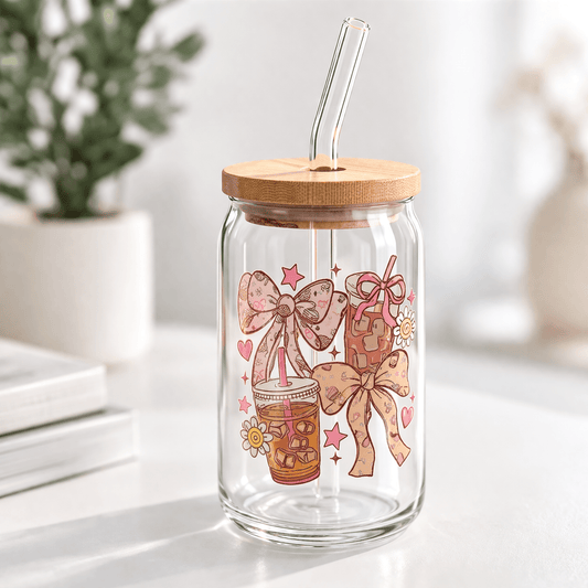 Glass Can Tumbler 16oz with Lid & Straw, Cute Bow Design Iced Coffee Cup, Aesthetic Glass Cup, Kawaii Coquette Drinkware - MK CREATIONS
