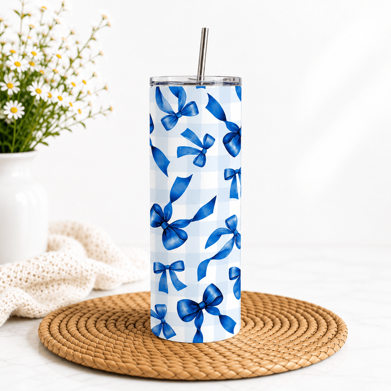 Grandmillenial Bows 20oz Tumbler, Trending Tumbler Designs, Checkered Bows 20oz Tumbler, Blue Bows, Plaid - MK CREATIONS