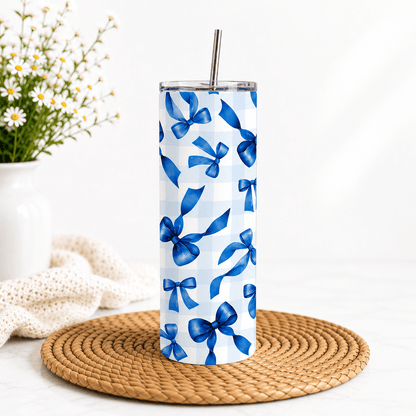 Grandmillenial Bows 20oz Tumbler, Trending Tumbler Designs, Checkered Bows 20oz Tumbler, Blue Bows, Plaid - MK CREATIONS