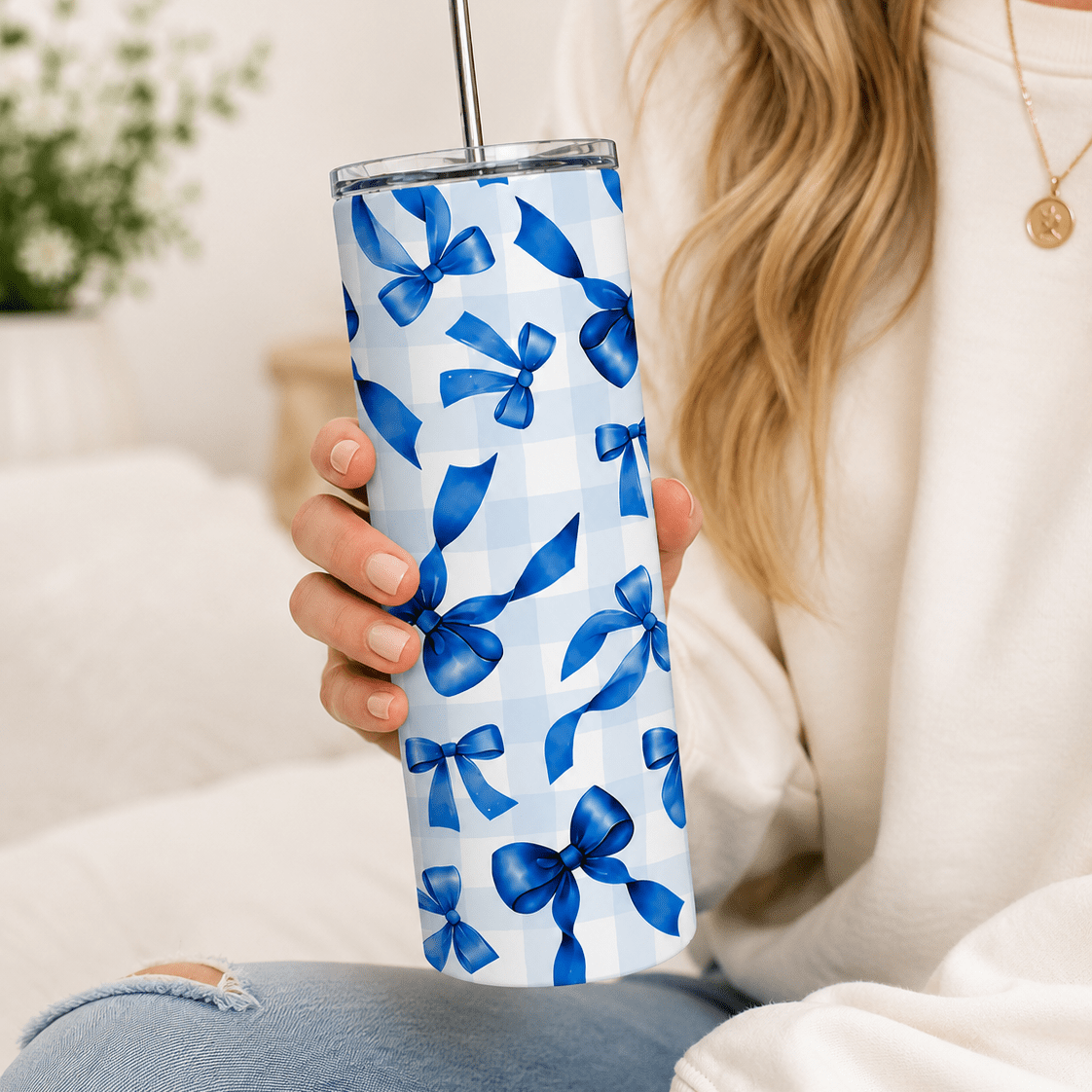 Grandmillenial Bows 20oz Tumbler, Trending Tumbler Designs, Checkered Bows 20oz Tumbler, Blue Bows, Plaid - MK CREATIONS