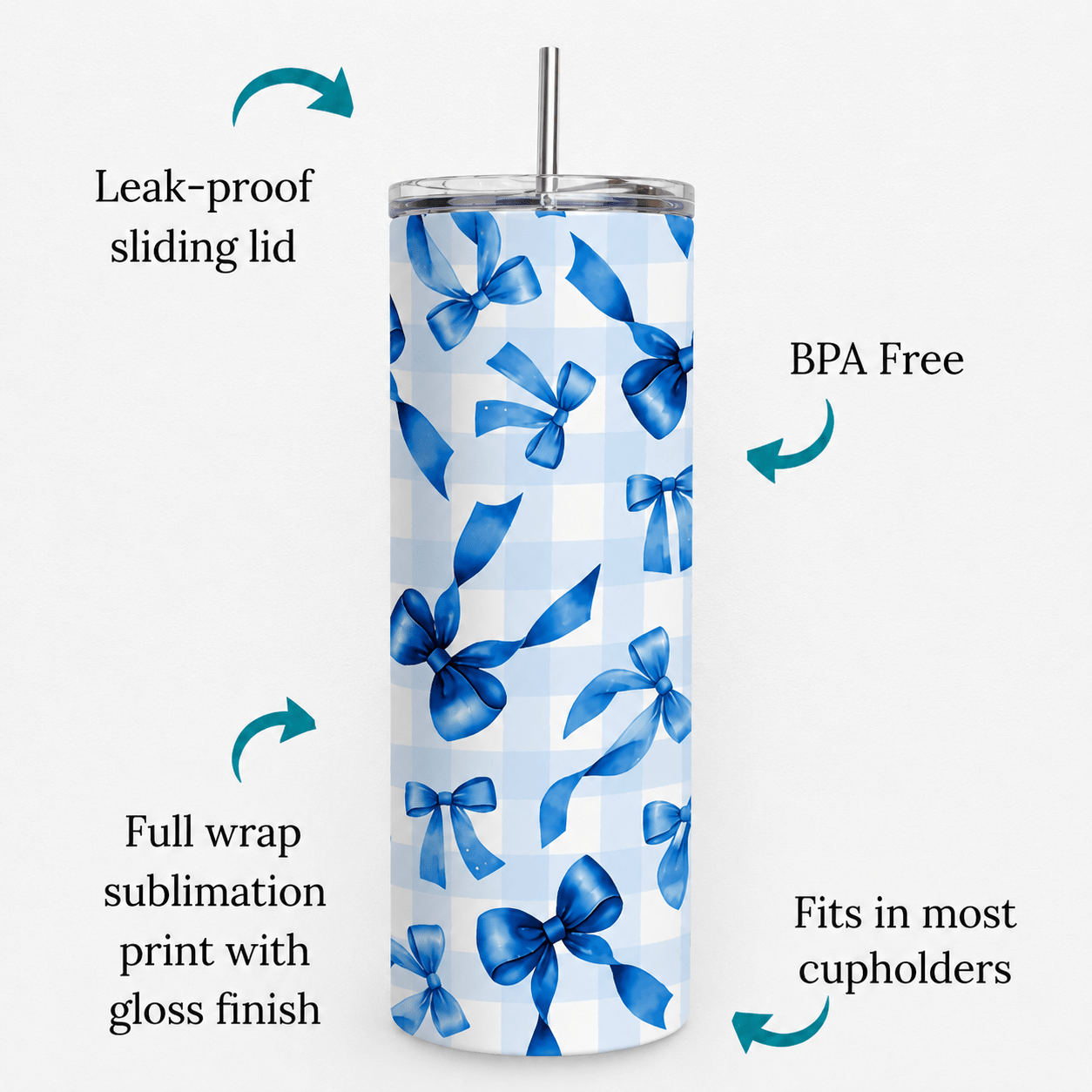 Grandmillenial Bows 20oz Tumbler, Trending Tumbler Designs, Checkered Bows 20oz Tumbler, Blue Bows, Plaid - MK CREATIONS
