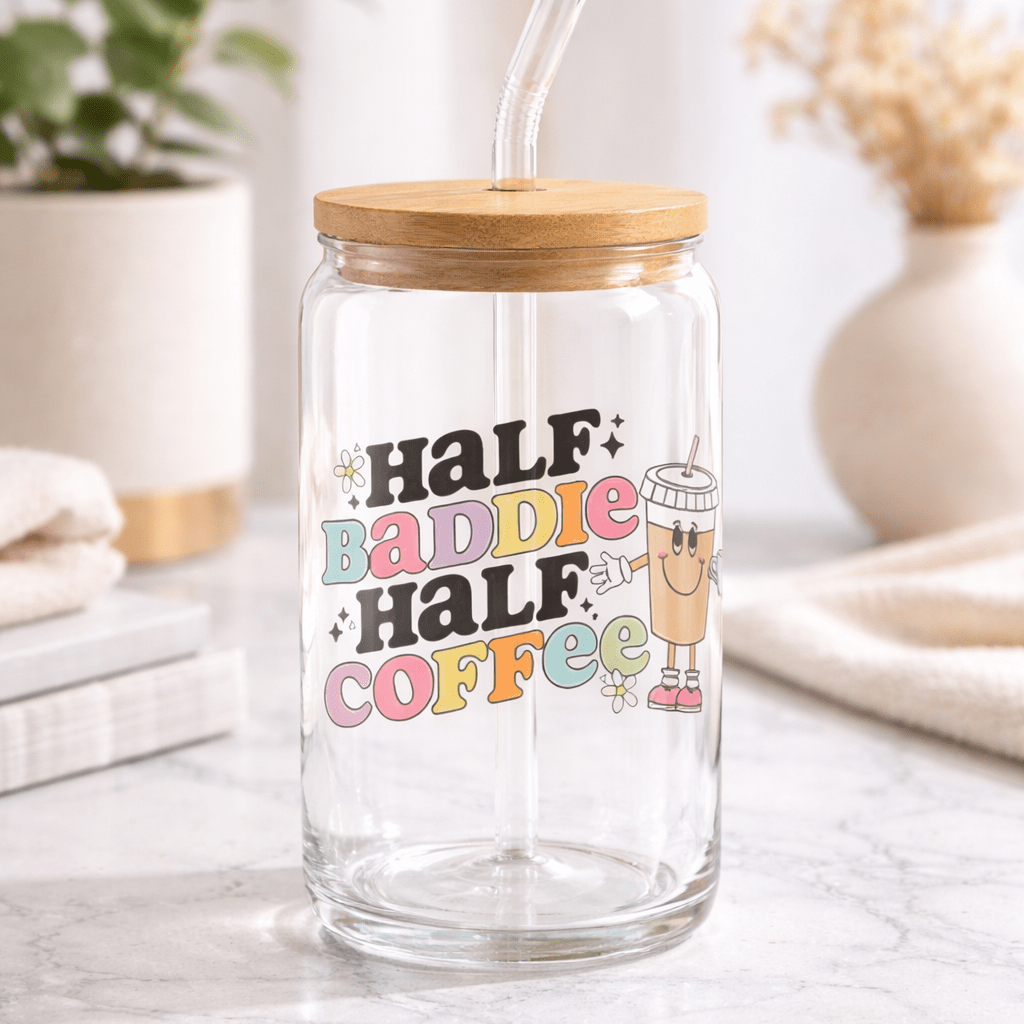 Half Baddie Half Coffee Glass Can Tumbler with Bamboo Lid & Straw | Cute Iced Coffee Cup | Aesthetic Gift for Her | Trendy Coffee Lover Cup - MK CREATIONS