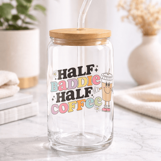 Half Baddie Half Coffee Glass Can Tumbler with Bamboo Lid & Straw | Cute Iced Coffee Cup | Aesthetic Gift for Her | Trendy Coffee Lover Cup - MK CREATIONS