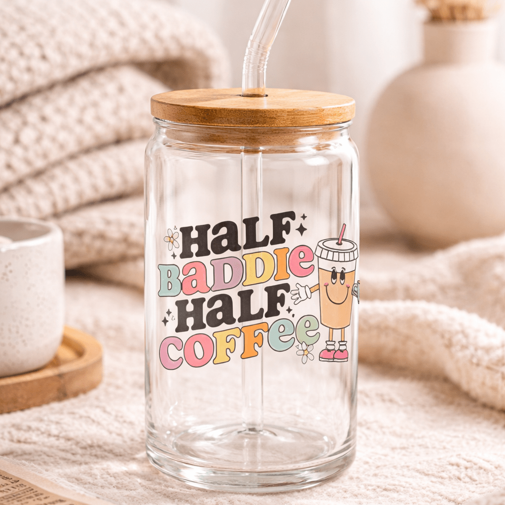 Half Baddie Half Coffee Glass Can Tumbler with Bamboo Lid & Straw | Cute Iced Coffee Cup | Aesthetic Gift for Her | Trendy Coffee Lover Cup - MK CREATIONS