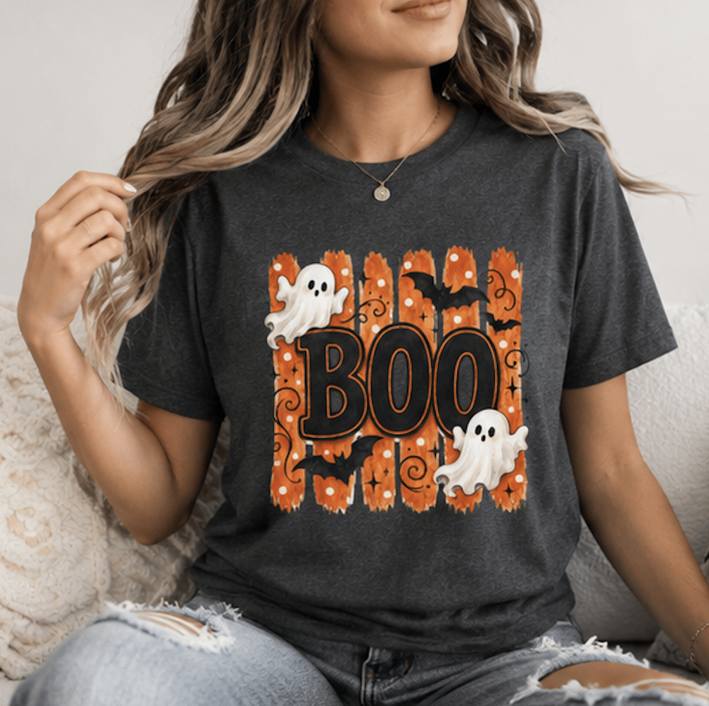 Halloween Boo Shirt, Cute Ghost T-Shirt, Spooky Season Tee, Halloween Graphic Shirt, Fall Shirt for Women, Ghost & Bat Tee - MK CREATIONS