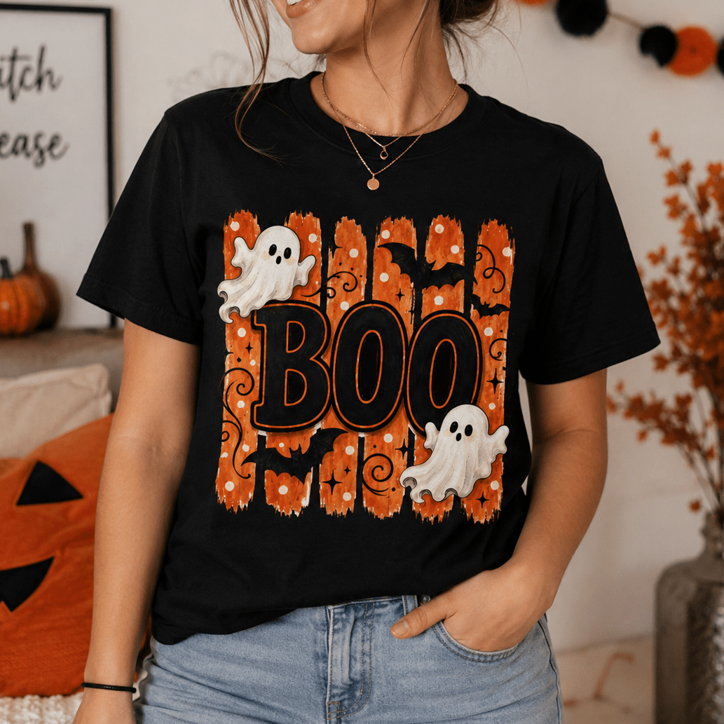 Halloween Boo Shirt, Cute Ghost T-Shirt, Spooky Season Tee, Halloween Graphic Shirt, Fall Shirt for Women, Ghost & Bat Tee - MK CREATIONS