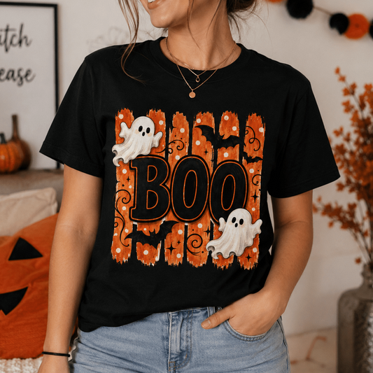 Halloween Boo Shirt, Cute Ghost T-Shirt, Spooky Season Tee, Halloween Graphic Shirt, Fall Shirt for Women, Ghost & Bat Tee - MK CREATIONS