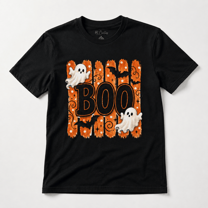Halloween Boo Shirt, Cute Ghost T-Shirt, Spooky Season Tee, Halloween Graphic Shirt, Fall Shirt for Women, Ghost & Bat Tee - MK CREATIONS