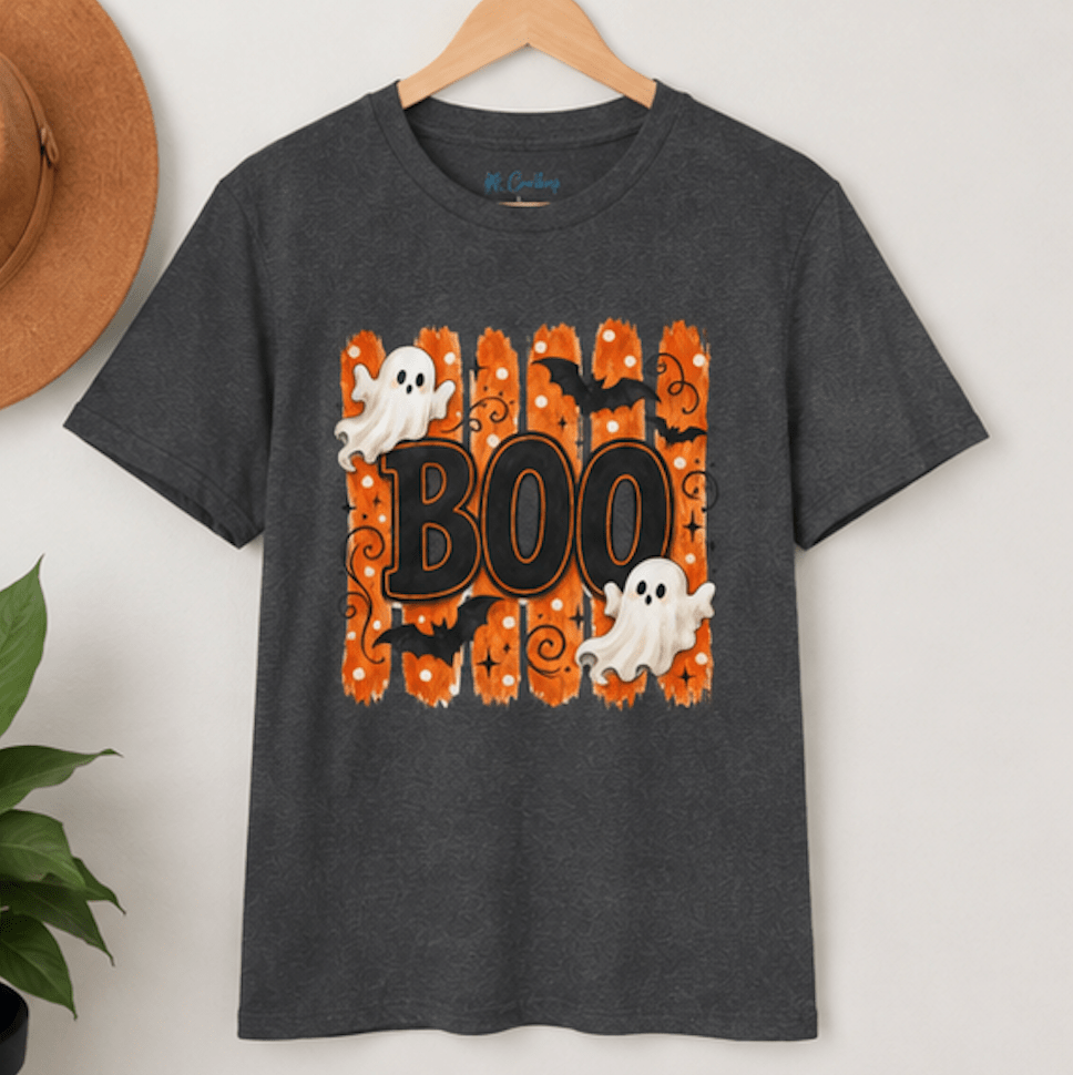 Halloween Boo Shirt, Cute Ghost T-Shirt, Spooky Season Tee, Halloween Graphic Shirt, Fall Shirt for Women, Ghost & Bat Tee - MK CREATIONS