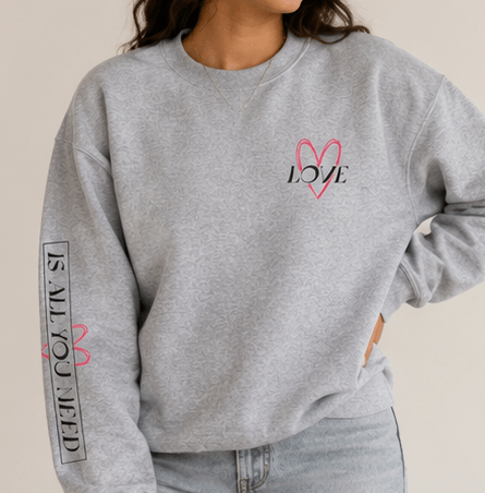 Heart Love Crewneck Sweatshirt — Small Heart Logo & Sleeve Script - MK CREATIONS
