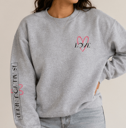 Heart Love Crewneck Sweatshirt — Small Heart Logo & Sleeve Script - MK CREATIONS