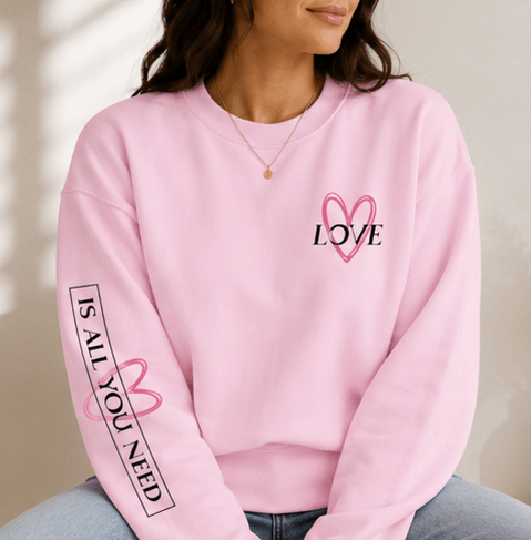 Heart Love Crewneck Sweatshirt — Small Heart Logo & Sleeve Script - MK CREATIONS