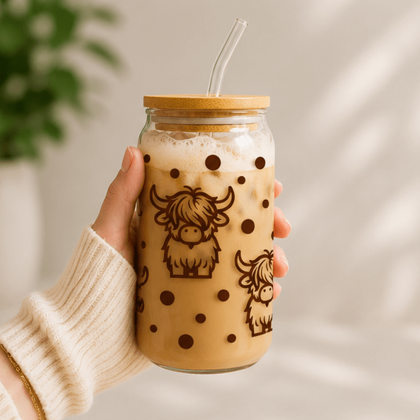 Highland Cow-Glass Cup - MK CREATIONS