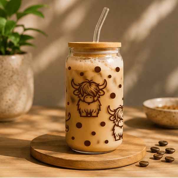 Highland Cow-Glass Cup - MK CREATIONS