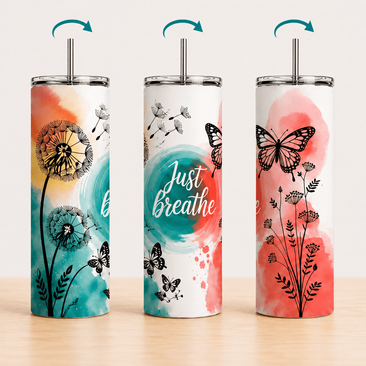 Just Breathe 20oz Skinny Tumbler | Inspirational Floral Butterfly - MK CREATIONS