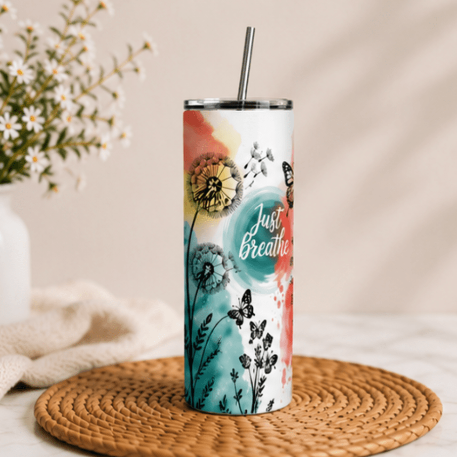 Just Breathe 20oz Skinny Tumbler | Inspirational Floral Butterfly - MK CREATIONS