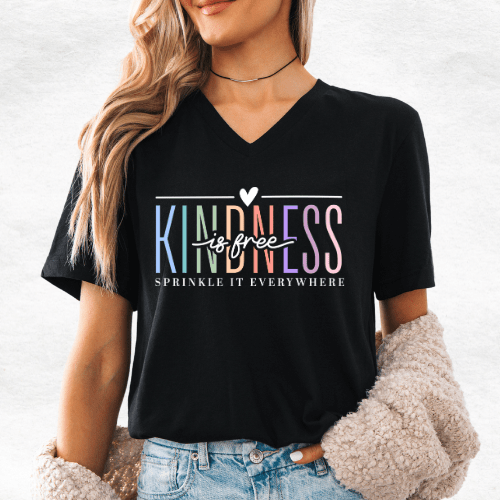 Kindness is Free Shirt – Black V - Neck T-Shirt – Inspirational Quote Tee - MK CREATIONS