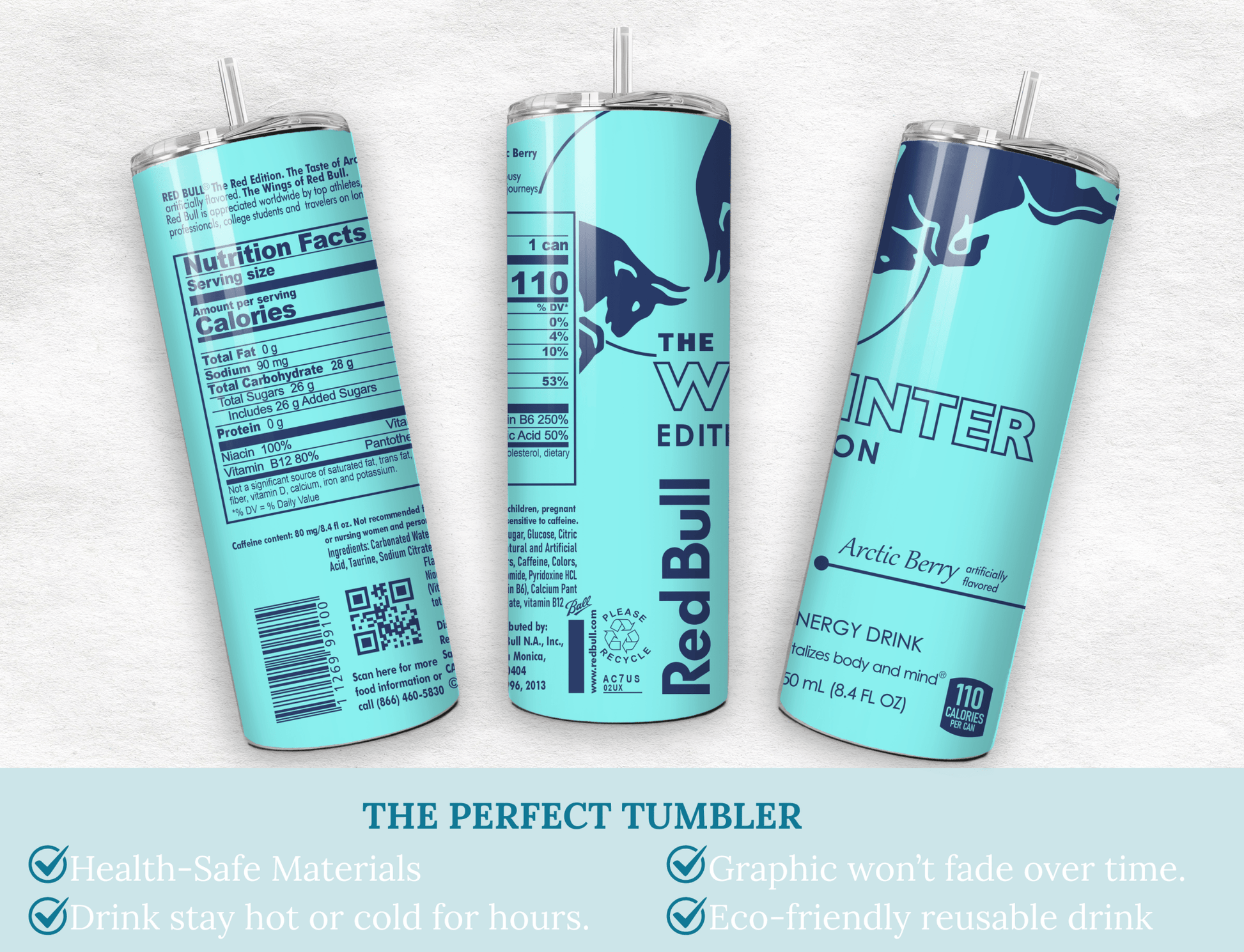 Mint Blue Energy Drink Inspired 20oz Skinny Tumbler — Custom Drinkware with Reusable Straw - MK CREATIONS