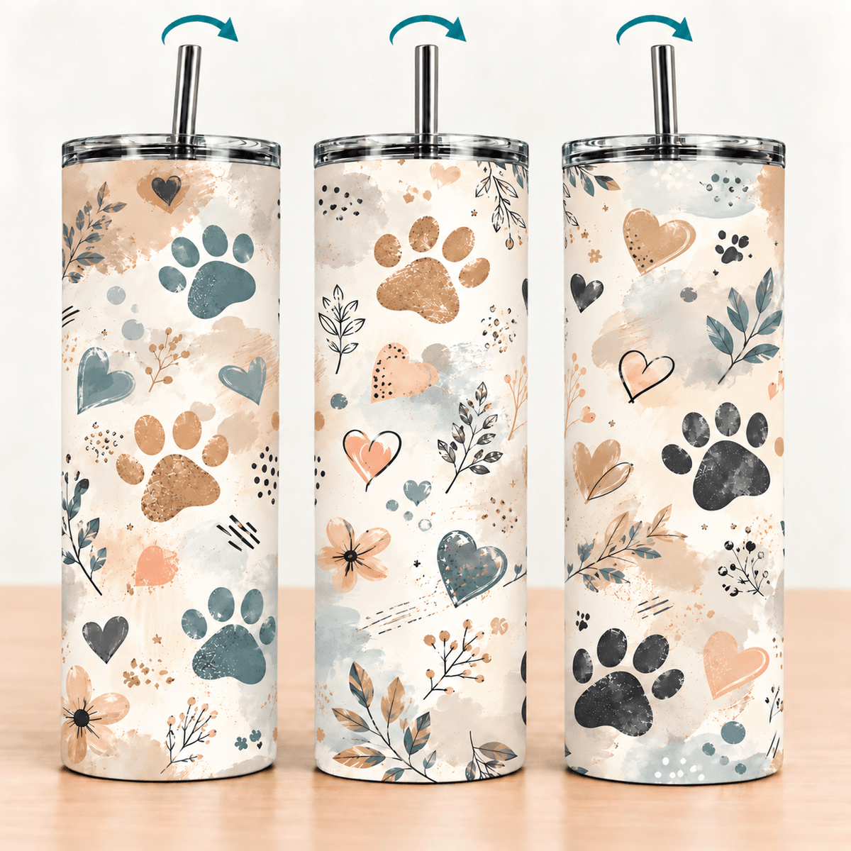 Paw Print & Hearts Tumbler – Boho Pet Lover Design - MK CREATIONS