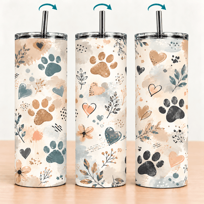 Paw Print & Hearts Tumbler – Boho Pet Lover Design - MK CREATIONS