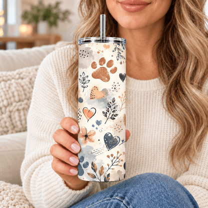 Paw Print & Hearts Tumbler – Boho Pet Lover Design - MK CREATIONS