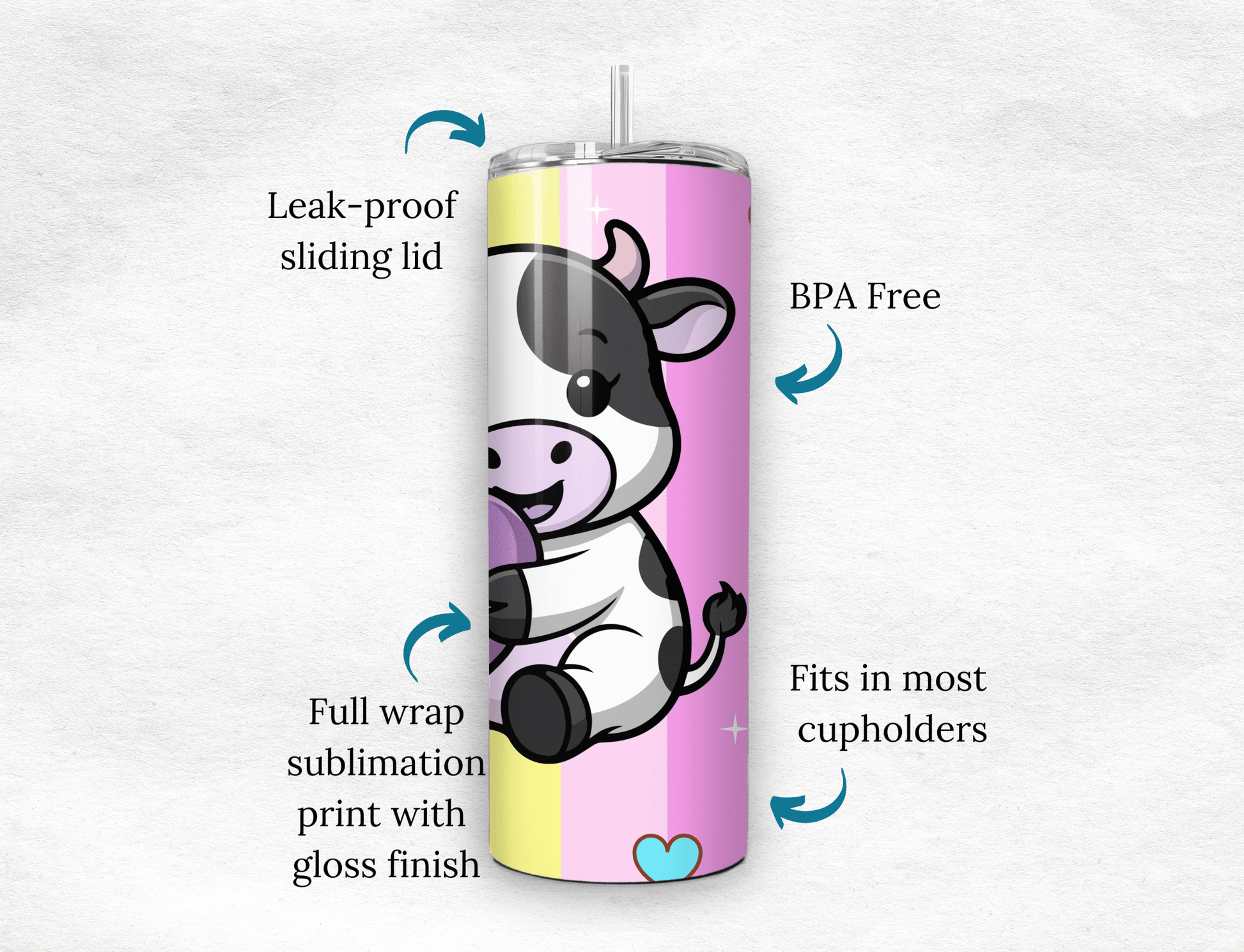 Personalized Cute Cow Tumbler 20oz Pastel Heart Travel Mug Gift - MK CREATIONS
