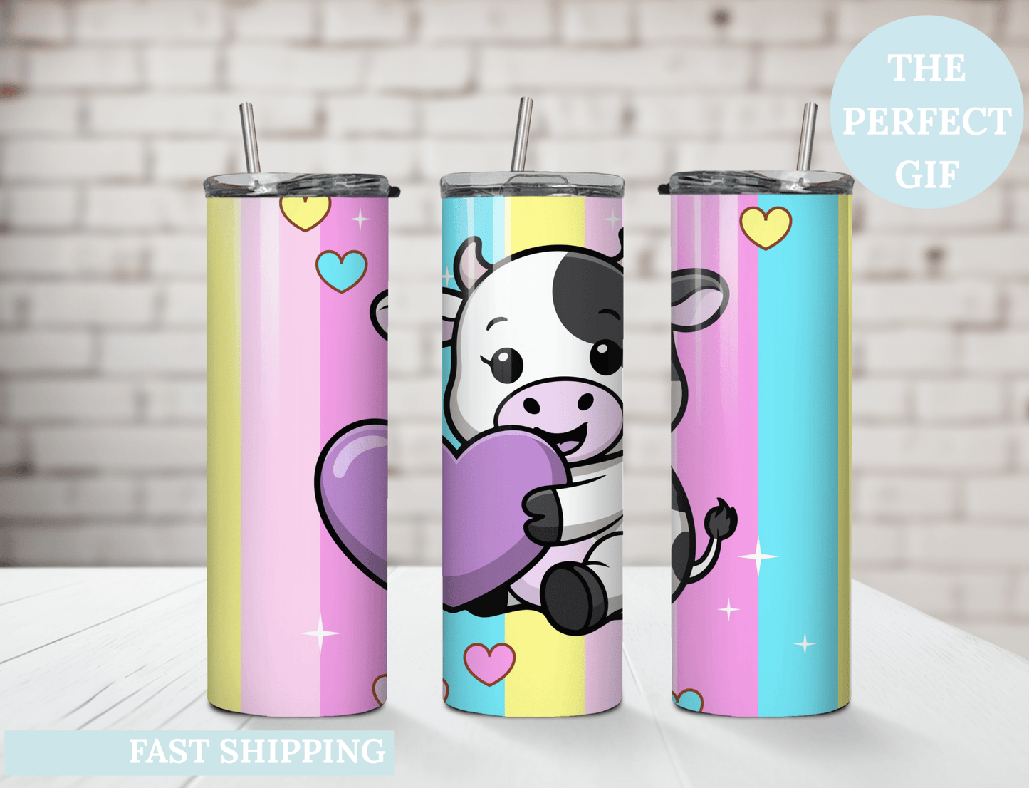 Personalized Cute Cow Tumbler 20oz Pastel Heart Travel Mug Gift - MK CREATIONS