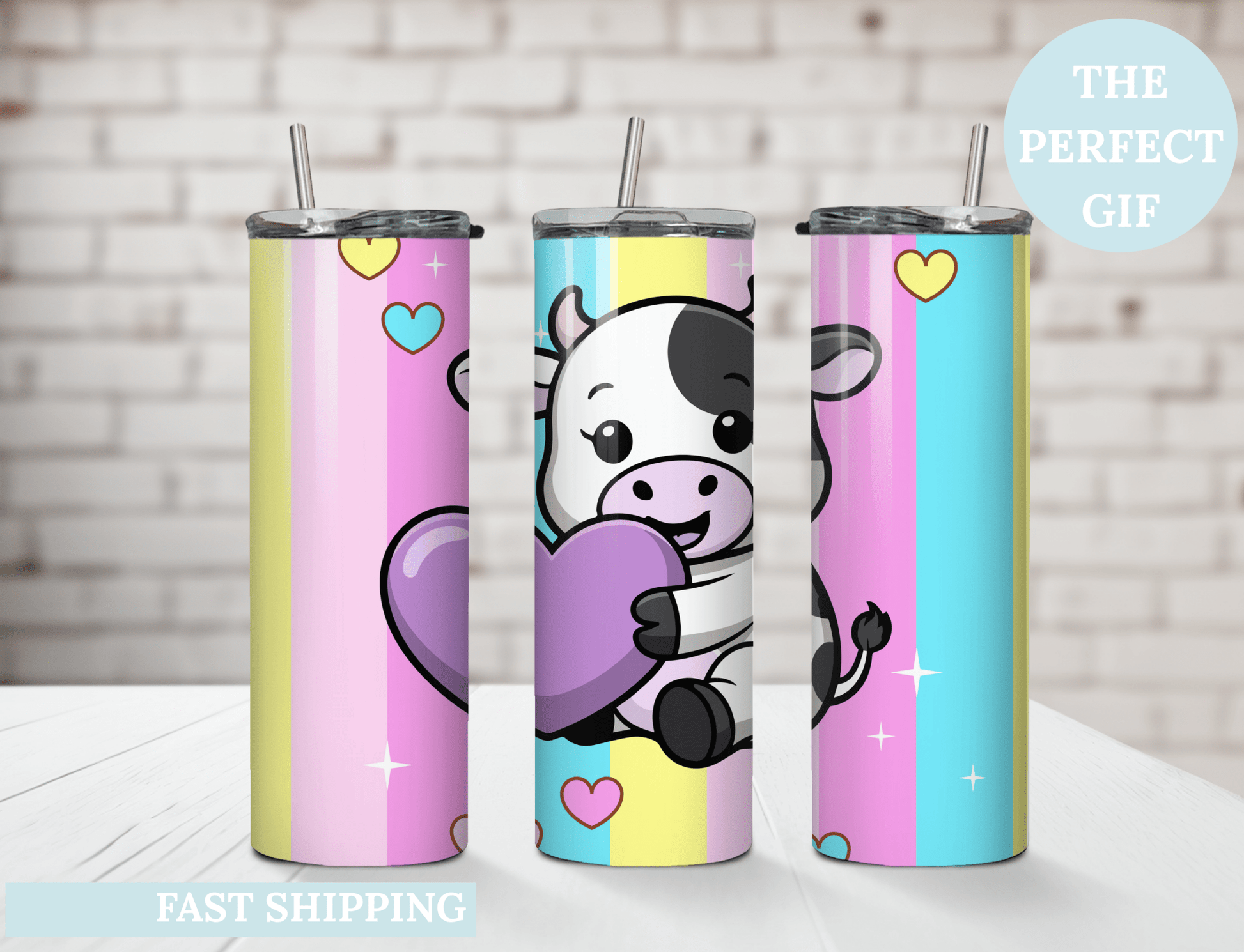 Personalized Cute Cow Tumbler 20oz Pastel Heart Travel Mug Gift - MK CREATIONS