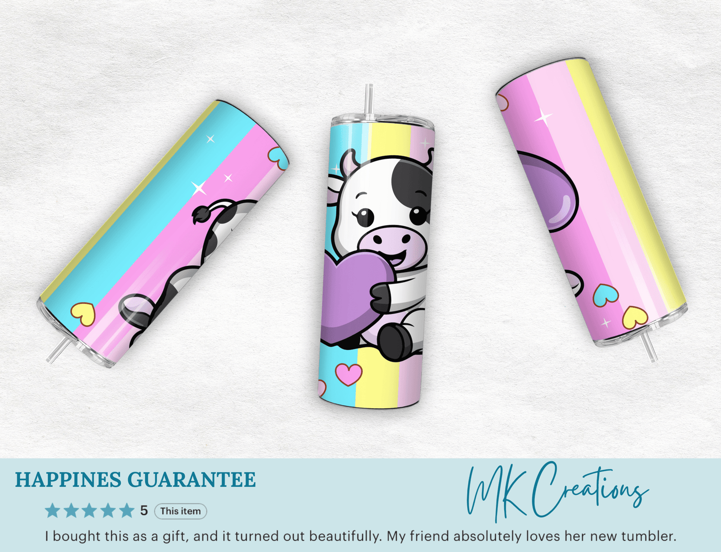 Personalized Cute Cow Tumbler 20oz Pastel Heart Travel Mug Gift - MK CREATIONS