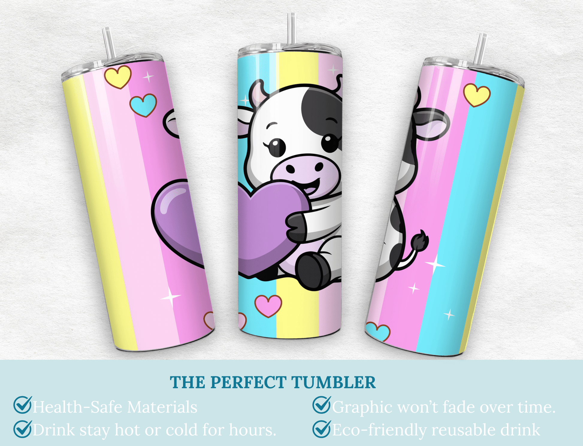 Personalized Cute Cow Tumbler 20oz Pastel Heart Travel Mug Gift - MK CREATIONS