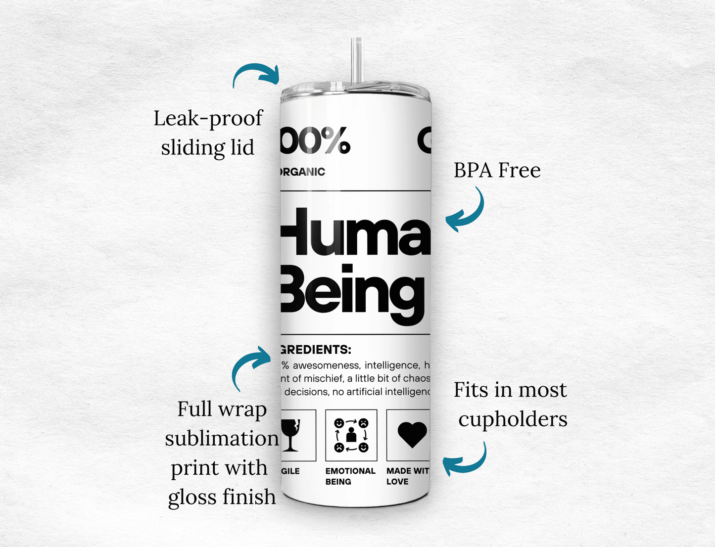 Personalized Human Being Tumbler 20oz Funny Organic Label Coffee Cup Gift - MK CREATIONS