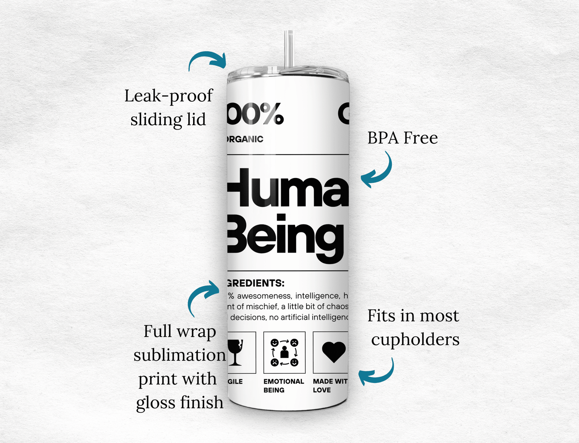 Personalized Human Being Tumbler 20oz Funny Organic Label Coffee Cup Gift - MK CREATIONS