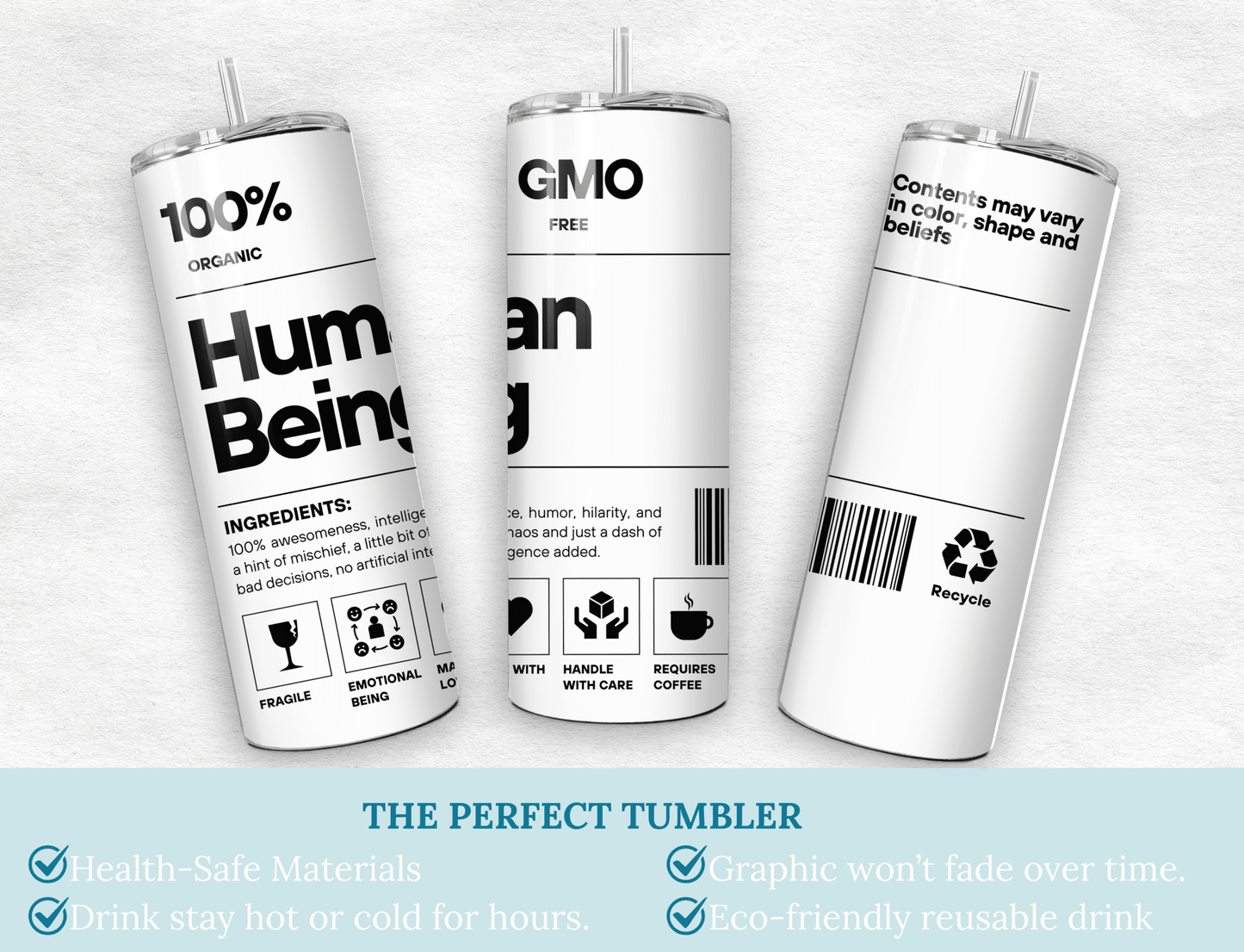 Personalized Human Being Tumbler 20oz Funny Organic Label Coffee Cup Gift - MK CREATIONS