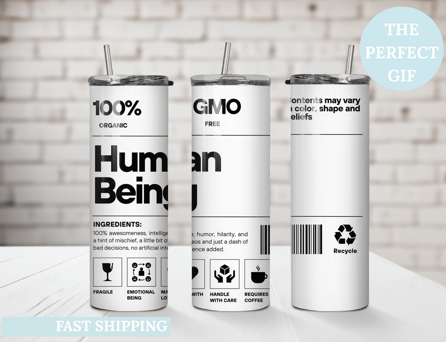 Personalized Human Being Tumbler 20oz Funny Organic Label Coffee Cup Gift - MK CREATIONS