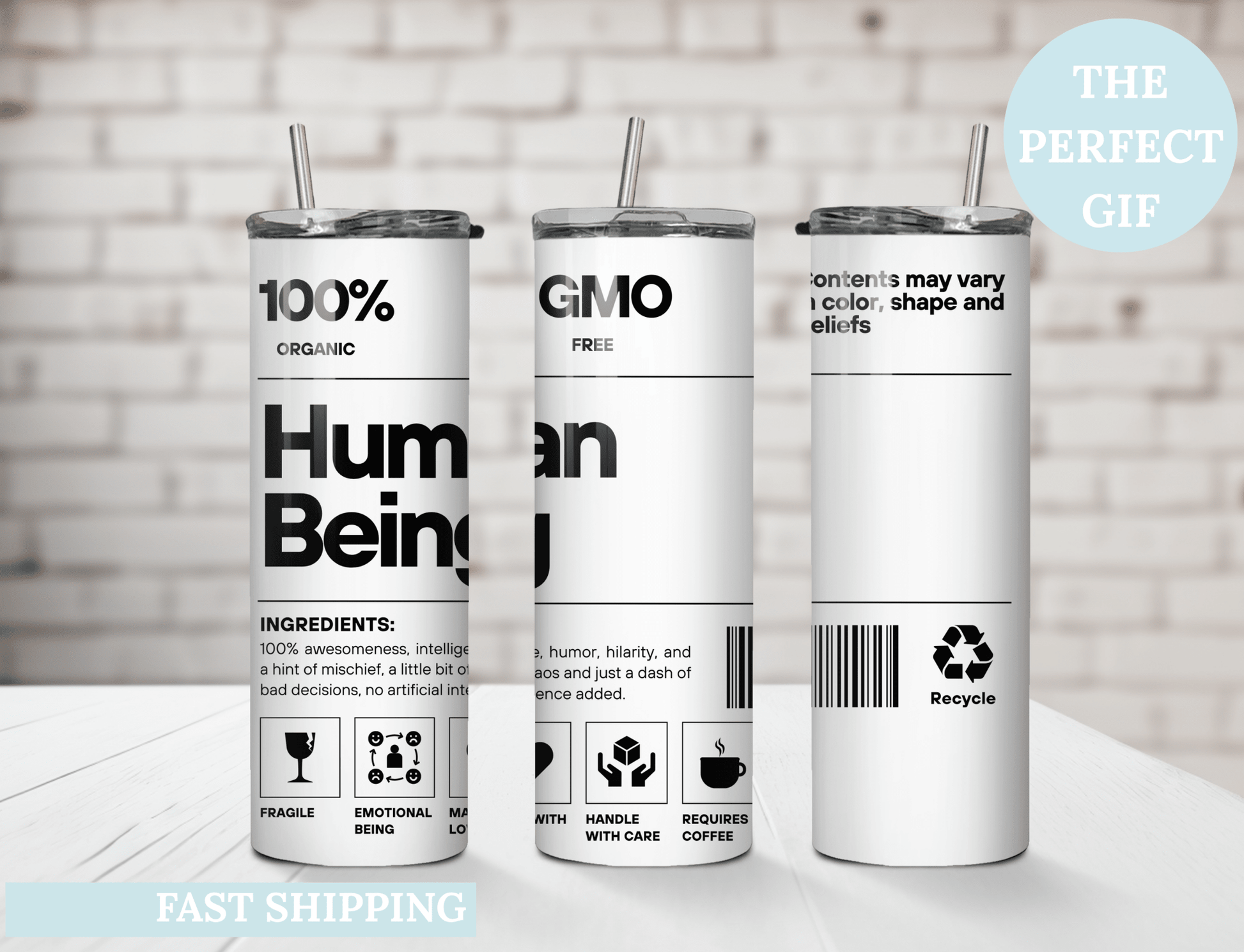 Personalized Human Being Tumbler 20oz Funny Organic Label Coffee Cup Gift - MK CREATIONS