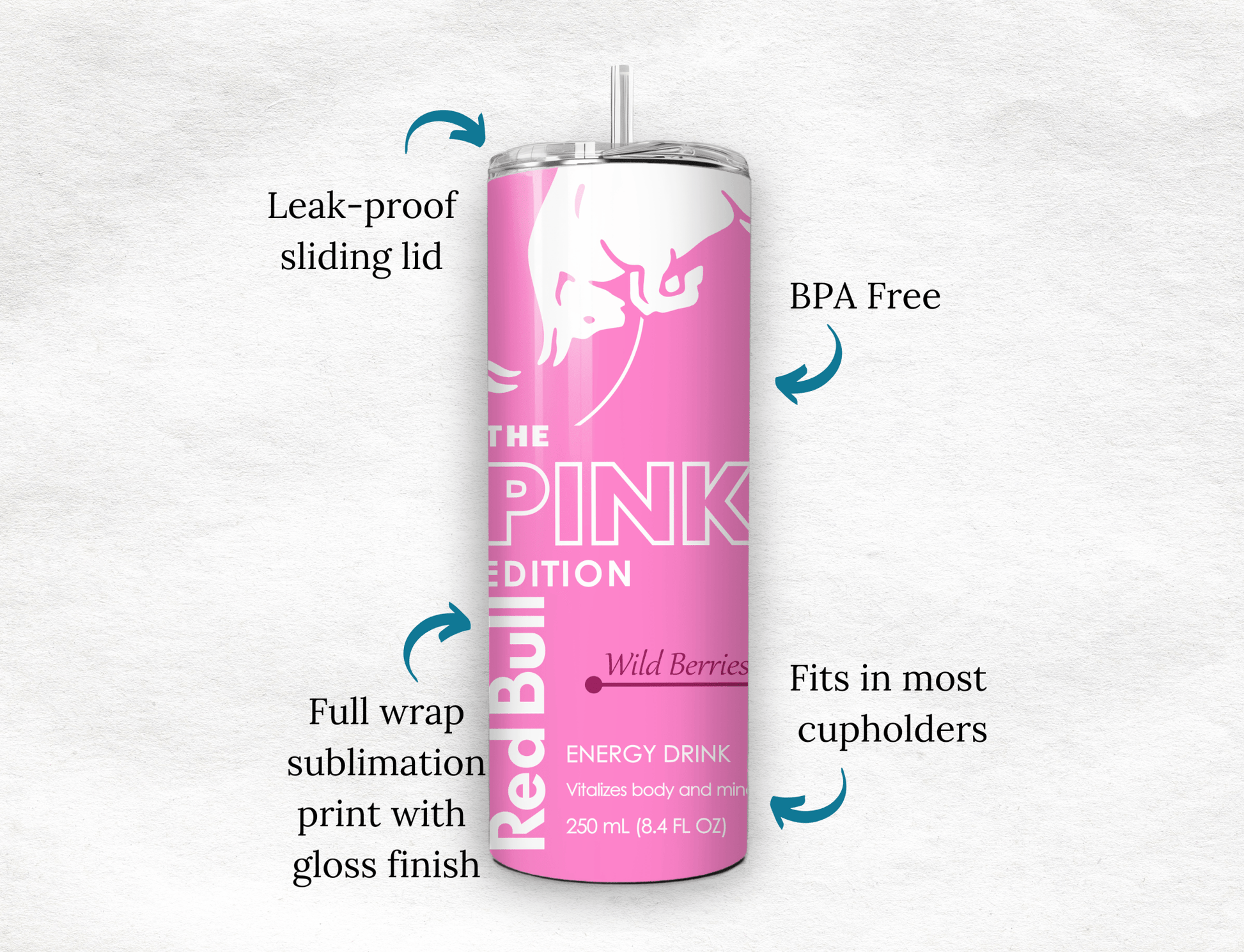 Pink Energy Drink Inspired 20oz Skinny Tumbler — Custom Drinkware with Reusable Straw - MK CREATIONS